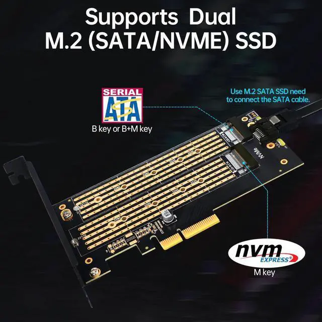 Alt view image 7 of 7 - Dual M.2 PCIE 4.0 Adapter for NVMe / SATA SSD, NVME (m Key) and SATA (b Key) SSD to PCIe x4 Slot With Full / Low Profile