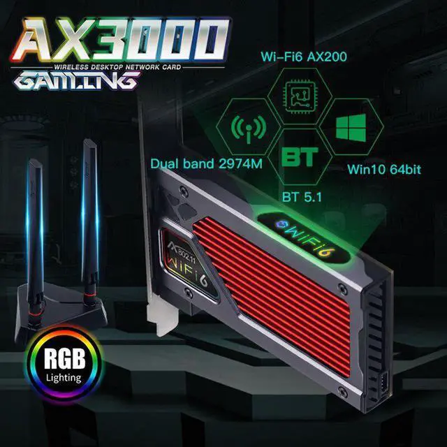 Alt view image 3 of 5 - AX3000RGB Wi-Fi 6 PCIe WiFi Card PC Gaming Desktop For Bluetooth5.2 Dual Band 802.11AX Wireless Adapter MU-MIMO RGB Light