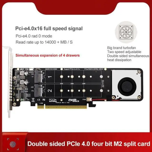 Alt view image 5 of 5 - X16 To M.2 M-key NVME X4 SSD RAID Array Expansion Adapter Split Card Four Slots Support 2242/2260/2280/22110 With Turbofan