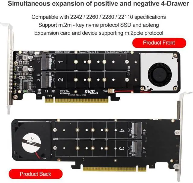 Alt view image 2 of 5 - X16 To M.2 M-key NVME X4 SSD RAID Array Expansion Adapter Split Card Four Slots Support 2242/2260/2280/22110 With Turbofan