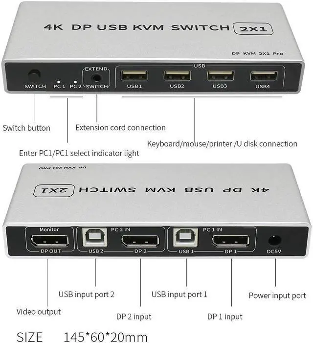 Alt view image 3 of 3 - 8K Displayport KVM Switch USB Displayport KVM 144Hz DP Switcher 4KX2K/60Hz 2K/144Hz Displayport 2 in 1 out KVM USB