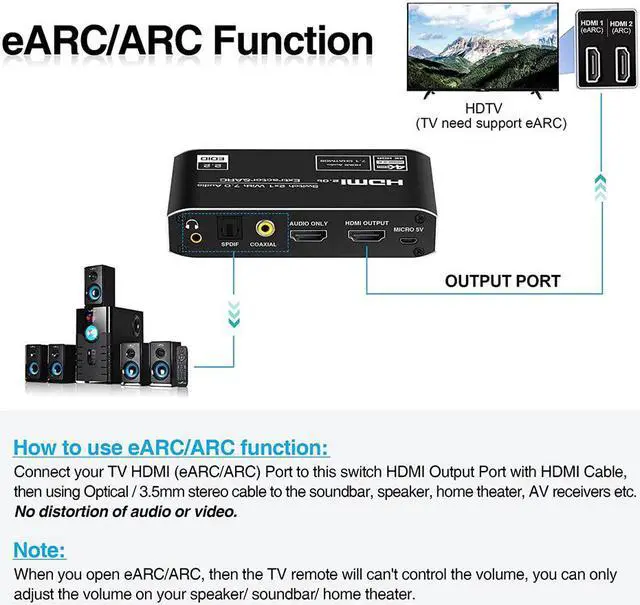 Alt view image 3 of 5 - 2x1 4K 120Hz  Switch eARC Audio Extractor ARC & Optical Toslink  2.0 Switch 4K  Switcher Remote for Apple TV PS4