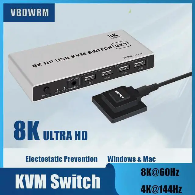 Alt view image 5 of 5 - 2 Port Displayport KVM Switch 8K@60Hz USB Displayport KVM DP Switcher USB KVM 4K@144hz Displayport 2 in 1 out