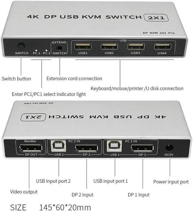 Alt view image 2 of 5 - 8K Displayport KVM Switch 2-port DP USB KVM Switch 4K@144hz Displayport 1.4 Switch KVM Dp switch Support mouse&keyboad Printer