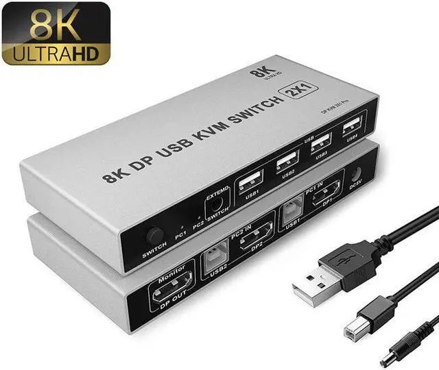 Alt view image 5 of 5 - 8K Displayport KVM Switch 2-port DP USB KVM Switch 4K@144hz Displayport 1.4 Switch KVM Dp switch Support mouse&keyboad Printer