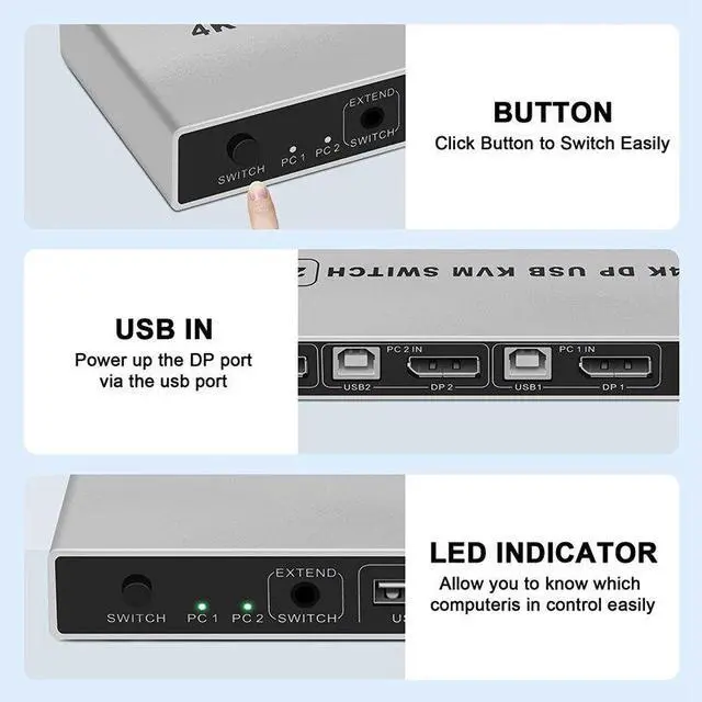 Alt view image 4 of 5 - 8K Displayport KVM Switch 2-port DP USB KVM Switch 4K@144hz Displayport 1.4 Switch KVM Dp switch Support mouse&keyboad Printer