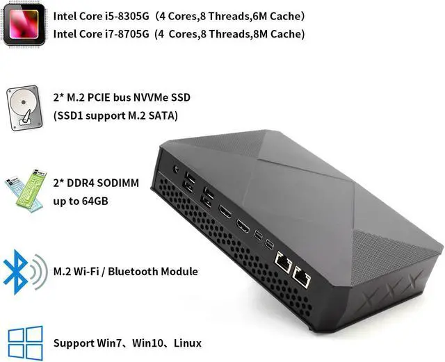 Alt view image 4 of 5 - Gaming PC Processor i7 Mini Pc Windows 10 Pro i7 8709G i5 8305G AMD Radeo RX Vega M GH mini computer gamer 4x4K Display
