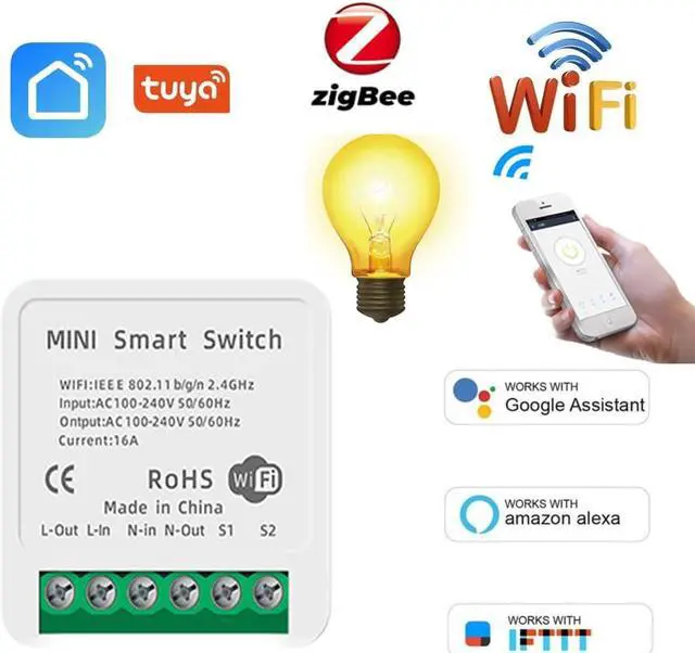 Alt view image 5 of 5 - 10A 16A Tuya Zigbee Wifi Mini Switch White PC 2 Way DIY Smart Home Control Module Light Timer for Alexa Google Home Smart Life