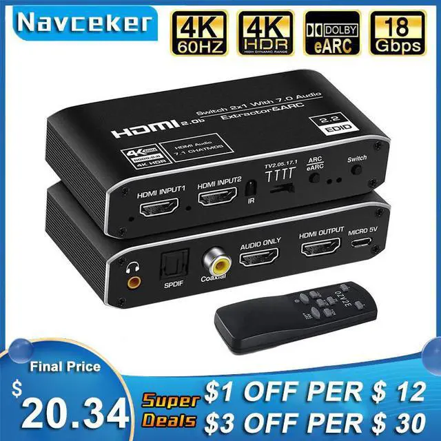 Alt view image 5 of 5 - 2x1 4K 120Hz  Switch eARC Audio Extractor ARC Optical Toslink  2.0 Switch 4K 60Hz  Switcher Remote for Apple TV PS4