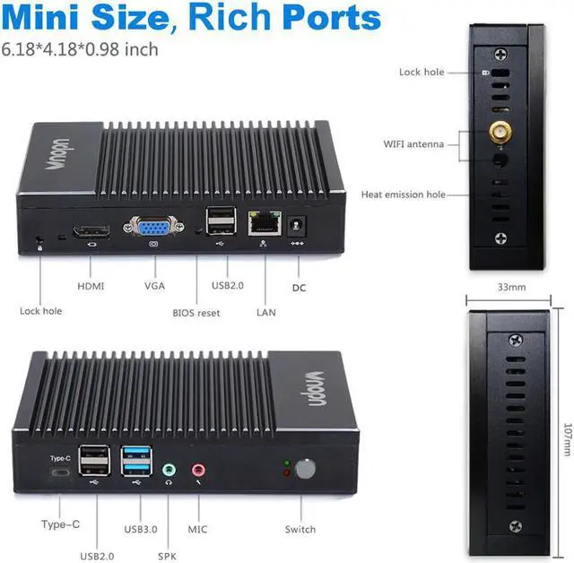 Alt view image 6 of 7 - Windows 10 Mini PC AMD A6 1450, up to 1.4GHz, Support Dual HD Display/WiFi/Gigabit LAN, HTPC/Office Mini Desktop Computer