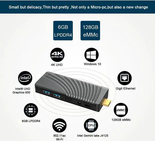 Alt view image 4 of 5 - Pro Mini PC Stick Celeron J4125 Up to 2.7Ghz 6GB RAM 128GB Windows 10 Pro Computer 4K 60Hz HDMI Dual WIFI LAN