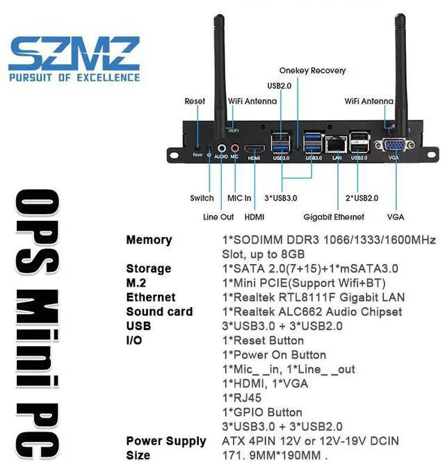 OPS Mini PC Computer I3/I5/I7 Processor Support Windows 10 DDR3 8GB ...