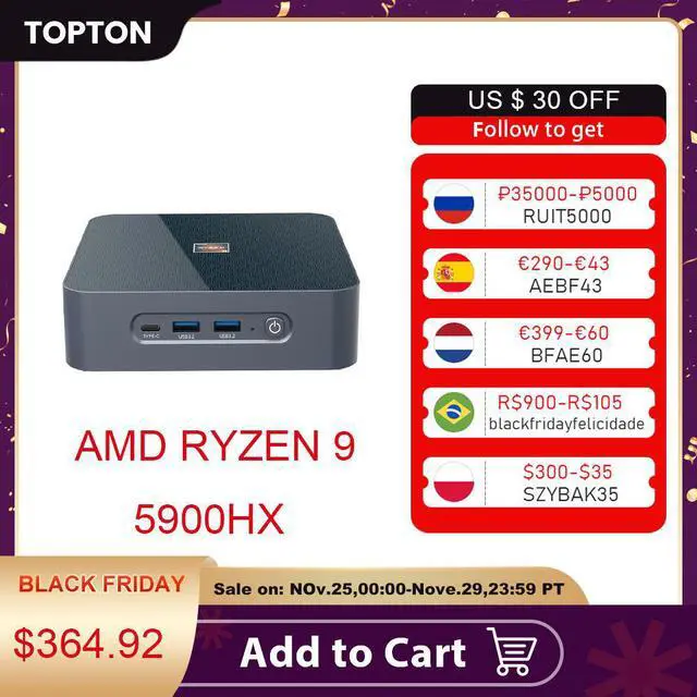 Alt view image 5 of 5 - Topton Newest Gaming Mini PC AMD Ryzen 9 5900HX R7 2*DDR4 2*M.2 NVMe SSD 2.5G LAN 3x4K Display Micro Desktop Computer PC Gamer