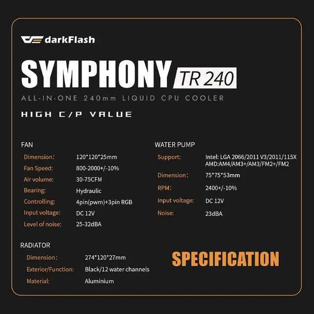 Alt view image 4 of 5 - TR240 PC CPU Cooler Water Cooling Cooler 120mm Fan Rgb Fan 12V Mirror Pump Aura Sync Water Cooler CPU LGA 115X/2011/AM4