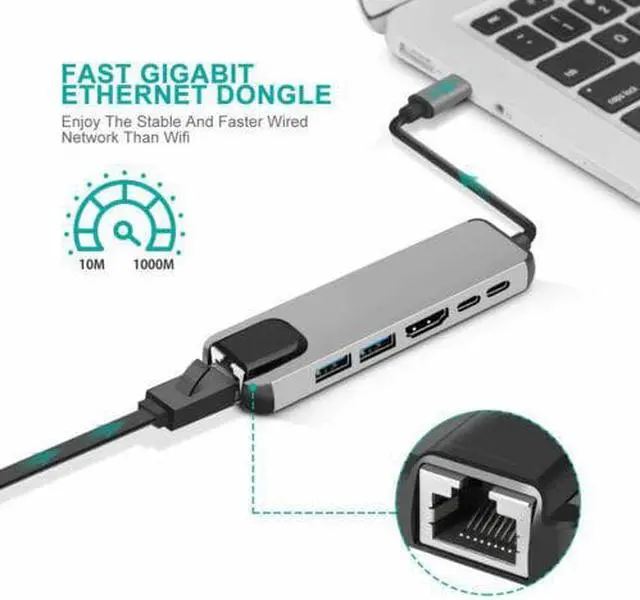 Alt view image 4 of 5 - 6-in-1 Multi-port Adapter USB Type C Hub USB-C Hub Adapter Dock with 4K RJ45 Ethernet Lan USB Charge r57