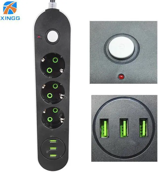 Alt view image 3 of 5 - 2 Round Pin EU RUS Plug Power Strip Switch Universal Outlets 3 USB Electrical Extension 1.8M  Cable Network filter for Phones