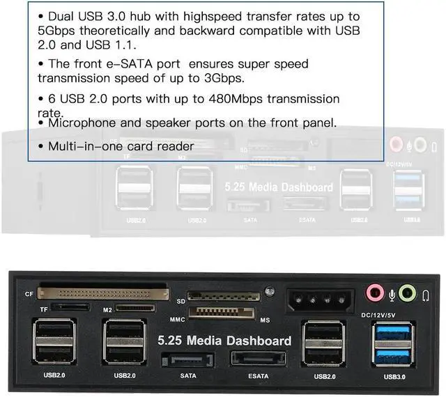 Alt view image 7 of 7 - 5.25" USB 3.0 e SATA All in 1 PC Media Dashboard Multi function Front Panel Card Reader I/O Ports