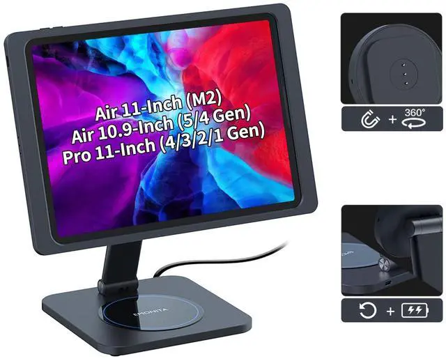 Main image of EMONITA Foldable Magnetic Stand with Charging Case A9 for iPad Air, iPad Pro 11-Inch. Strong Magnets, 360 Rotation, 90 Tilt, 45W Fast Charger Adapter USB C Cable Included