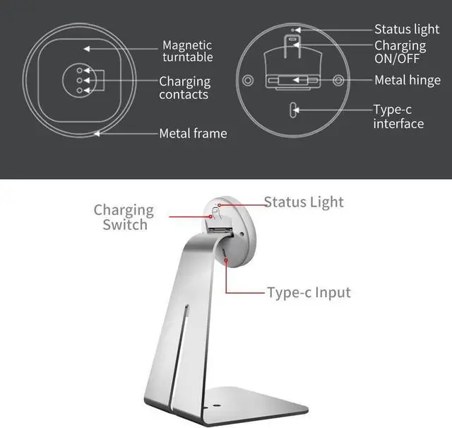 Alt view image 4 of 7 - Emonita Magnetic iPad Stand, with 360° Adjustable and Rotatable Charging Port, Only iPad Stand -silver