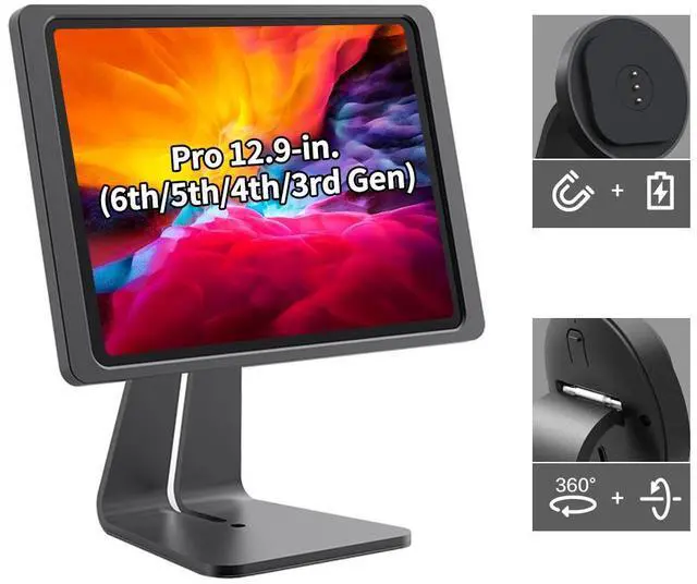 Main image of EMONITA Magnetic Stand on Desk with Charging Case A10 for iPad Pro (6th / 5th / 4th / 3rd Generation) 12.9-Inch, Classic L Shape, Sturdy Metal Base, Strong Magnets, 360 Rotation, 90 Tilt