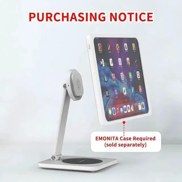 Alt view image 3 of 6 - EMONITA Foldable Magnetic iPad Desktop Stand Base (Stand Only, Case Not Included) - Fast Charging, 360° Rotation & 90° Tilt (Silver)