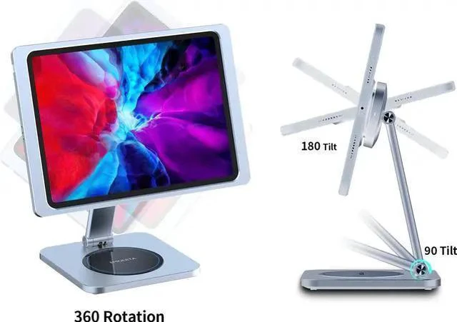 Alt view image 4 of 6 - EMONITA Foldable Magnetic iPad Desktop Stand Base (Stand Only, Case Not Included) - Fast Charging, 360° Rotation & 90° Tilt (Silver)