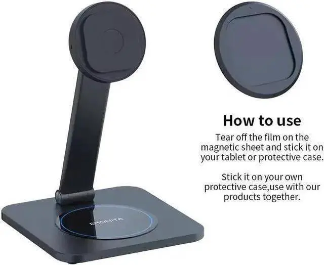 Main image of EMONITA Foldable Magnetic iPad Desktop Stand (Stand & Magnetic Ring Only, Case Not Included) - 360° Rotation, Non-Charging (Black)