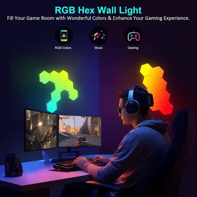Alt view image 2 of 7 - CZQEPMB RGB Gaming Room Light, Touch sensitive modular wall lights Honeycomb wall lamps RGB LED ambient lights music sync(6PCS)