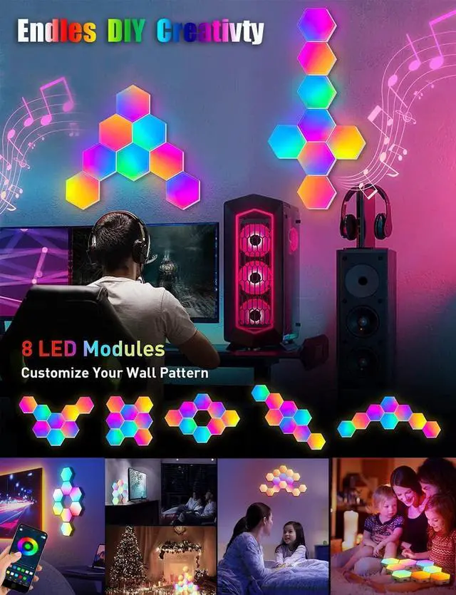 Alt view image 3 of 7 - CZQEPMB RGB Gaming Room Light, Touch sensitive modular wall lights Honeycomb wall lamps RGB LED ambient lights music sync(6PCS)