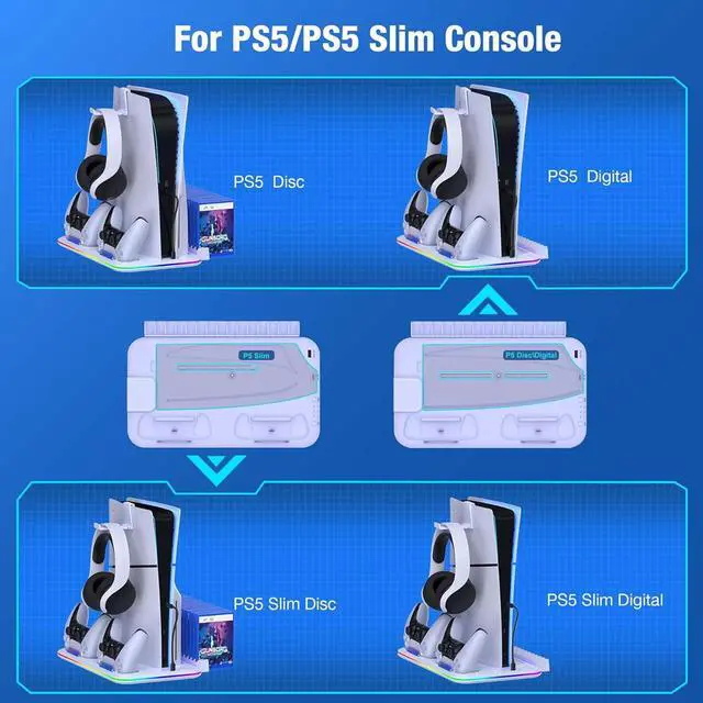 Alt view image 5 of 7 - CZQEPMB PS5 Stand, PS5 Slim Stand with Cooling Station and Controller Charging Station for PS5 Slim Console Disc/Digital, PS5 Accessories-Cooling Fan, RGB LED, Headset Holder, 15 Game Slot White