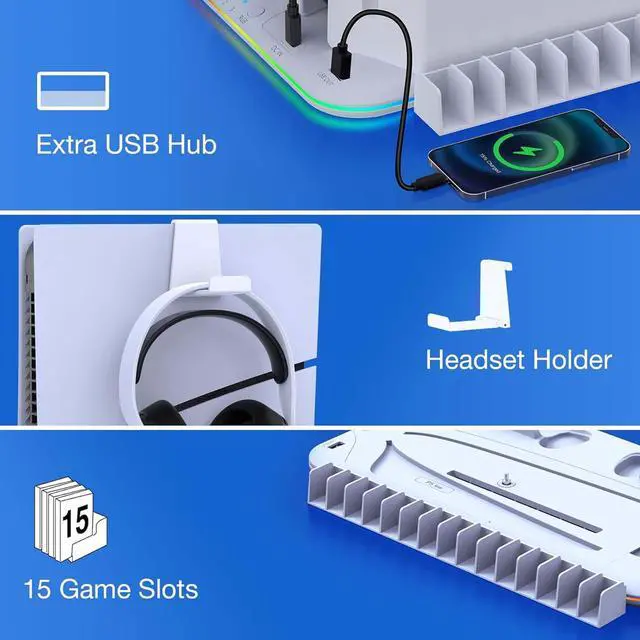 Alt view image 6 of 7 - CZQEPMB PS5 Stand, PS5 Slim Stand with Cooling Station and Controller Charging Station for PS5 Slim Console Disc/Digital, PS5 Accessories-Cooling Fan, RGB LED, Headset Holder, 15 Game Slot White