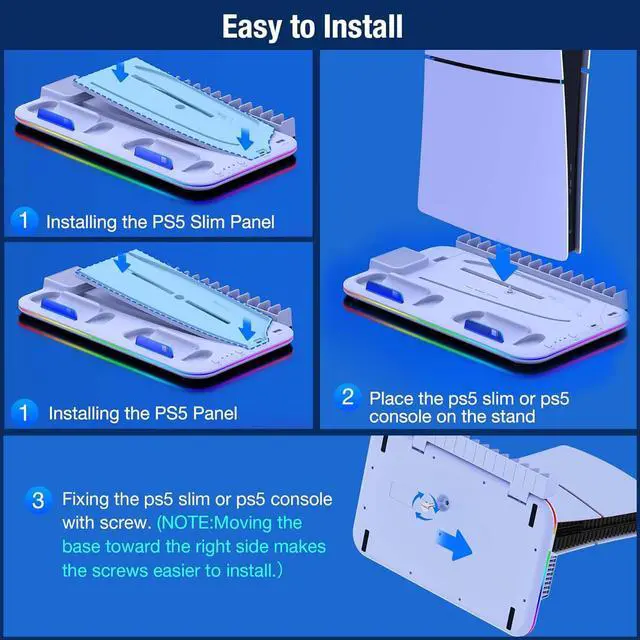 Alt view image 7 of 7 - CZQEPMB PS5 Stand, PS5 Slim Stand with Cooling Station and Controller Charging Station for PS5 Slim Console Disc/Digital, PS5 Accessories-Cooling Fan, RGB LED, Headset Holder, 15 Game Slot White