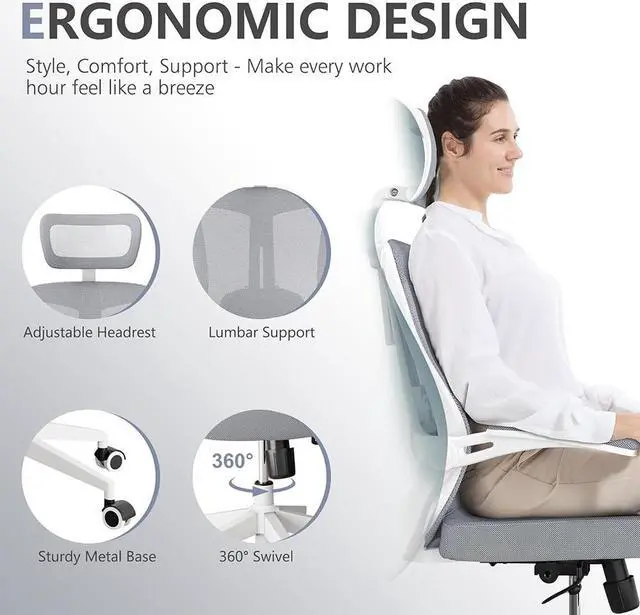 Alt view image 2 of 7 - CZQEPMB Ergonomically comfortable home office chair table chair, high back gaming chair with wheels, mesh computer chair, waist support, adjustable headrest, flip armrest gray