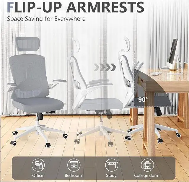 Alt view image 4 of 7 - CZQEPMB Ergonomically comfortable home office chair table chair, high back gaming chair with wheels, mesh computer chair, waist support, adjustable headrest, flip armrest gray
