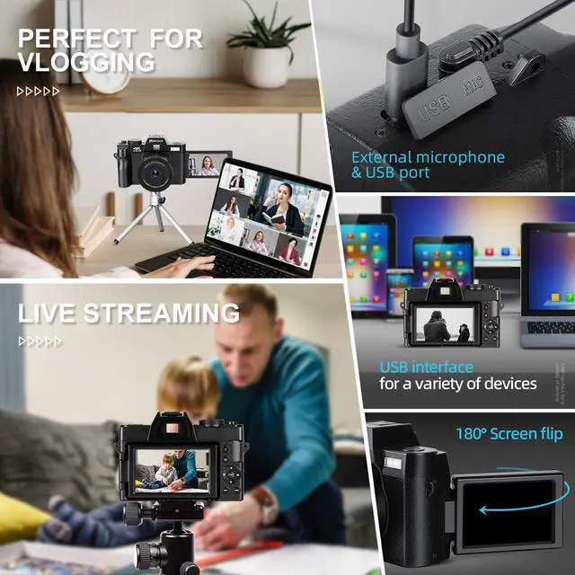 Alt view image 4 of 6 - NBD Digital Camera for Photography and Video, 4K 48MP Vlogging Camera for YouTube with 180° Flip Screen,16X Digital Zoom,32GB TF Card, 1 Batteries