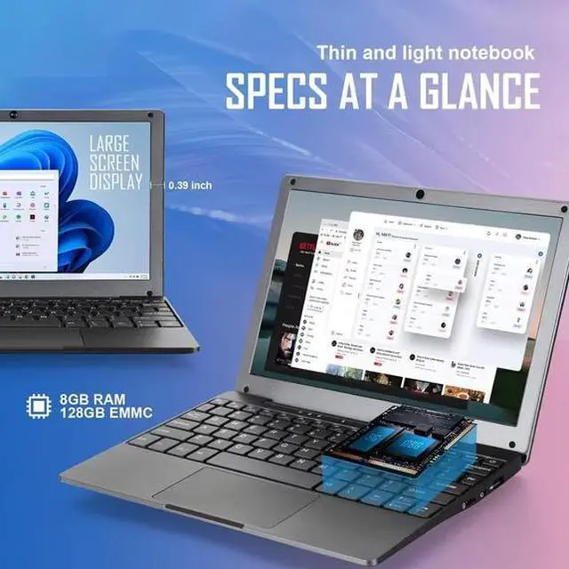 Alt view image 3 of 6 - Windows 11 Mini Laptop 8GB RAM 128GB ROM Intel Celeron Quad-Core Processors,10" Netbook Computer