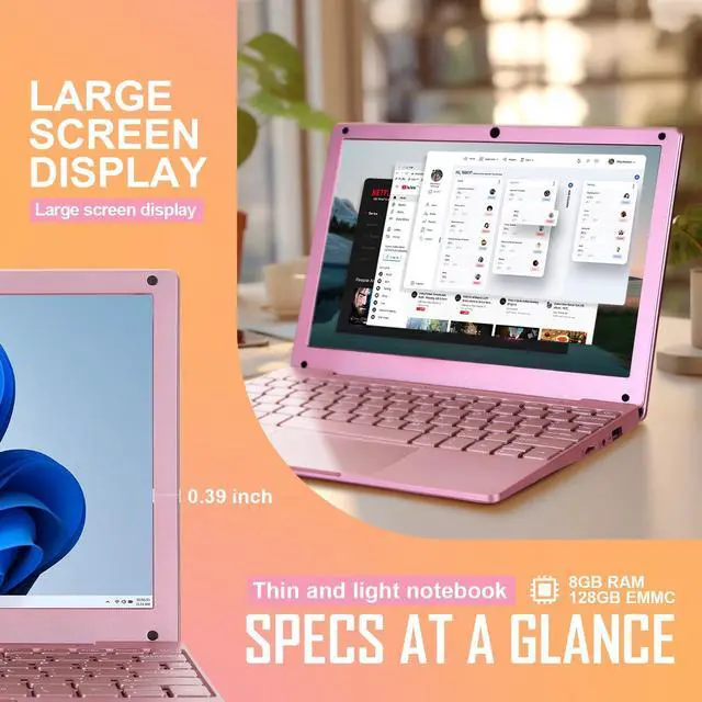 Alt view image 4 of 7 - 10 inch Mini Laptop,Windows 11 Notebook ,8GB+128GB Intel Celeron Quad-Core Processors Netbook Computer with Bag, Mouse, Headphone and Mouse Pad