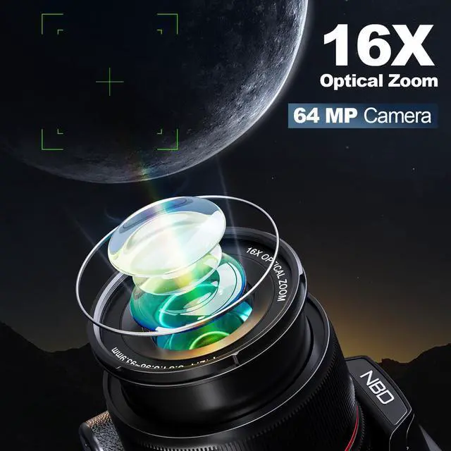 Alt view image 2 of 7 - NBD 5K 64MP OpticalZoom Vlogging Camera. 180° Flip ScreenDigital Camera with 16X Optical Zoom, Autofocus, WiFi,Tripod. 2 Batteries & 32GB TF Card