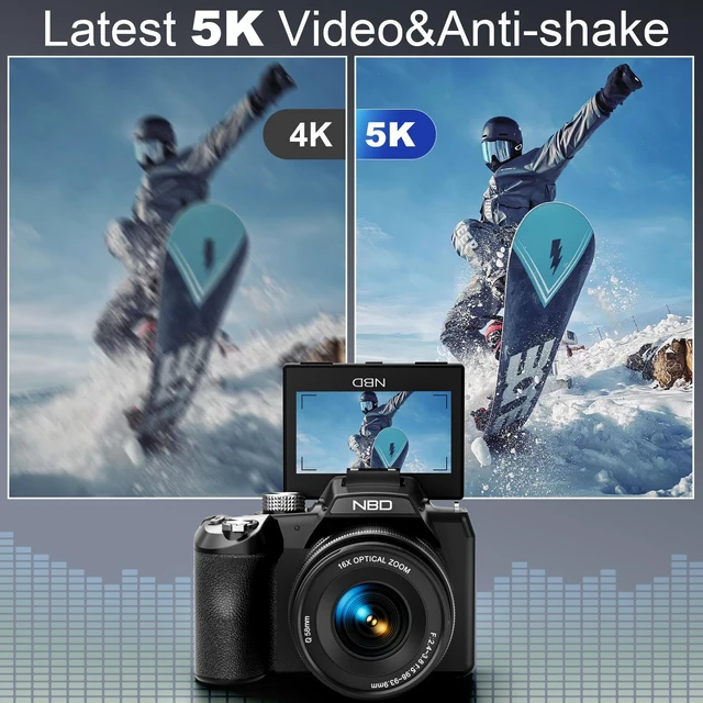 Alt view image 3 of 7 - NBD 5K 64MP OpticalZoom Vlogging Camera. 180° Flip ScreenDigital Camera with 16X Optical Zoom, Autofocus, WiFi,Tripod. 2 Batteries & 32GB TF Card