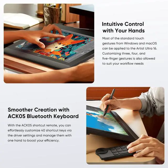 Alt view image 3 of 7 - XPPen Artist Ultra 16 4K OLED Touchscreen Drawing Tablet 15.6" Drawing Monitor with 99% Adobe RGB Dual 16K Pen Pressure Styli Mini Keydial 1.07 Billion Colors Art Tablet for Mac PC Chromebook Android