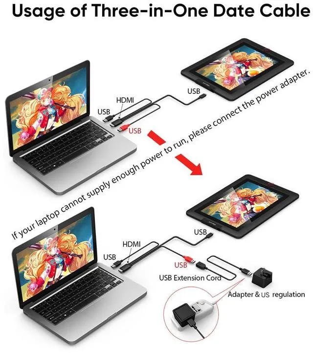 Alt view image 4 of 7 - XP-Pen SPE40 3-in-1 Cable for XPPen Artist 12 Pro/13.3(Pro)/15.6(Pro), Artist 13.3 Pro V2/15.6 Pro V2 Drawing Tablet - Creative Pen Display Cable