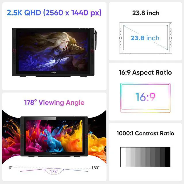 Alt view image 2 of 7 - XPPen Artist 24 Pro 2.5K QHD Drawing Tablet with Screen,16.7M Colors Graphics Tablet with 8192 Pen Pressure Battery-Free Tilt Stylus & 20 Shortcut Keys for Windows, Mac, Chrome, Linux, 23.8"