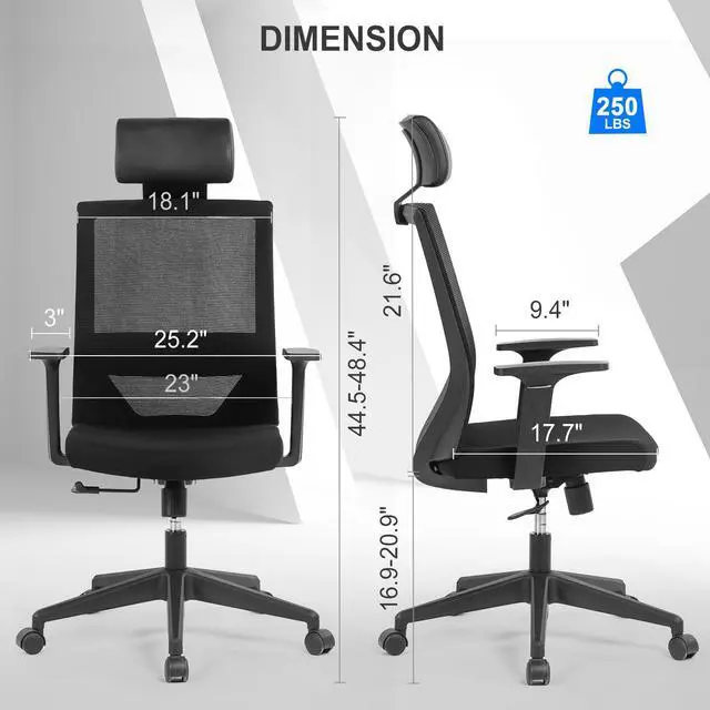 Alt view image 6 of 7 - Kasorix High-Back Mesh Office Chair,Ergonomic Desk Chair Computer Chair with Lumbar Support Armrest,Home Office Chair with Tilt Function, Mesh Back and Seat(908A)