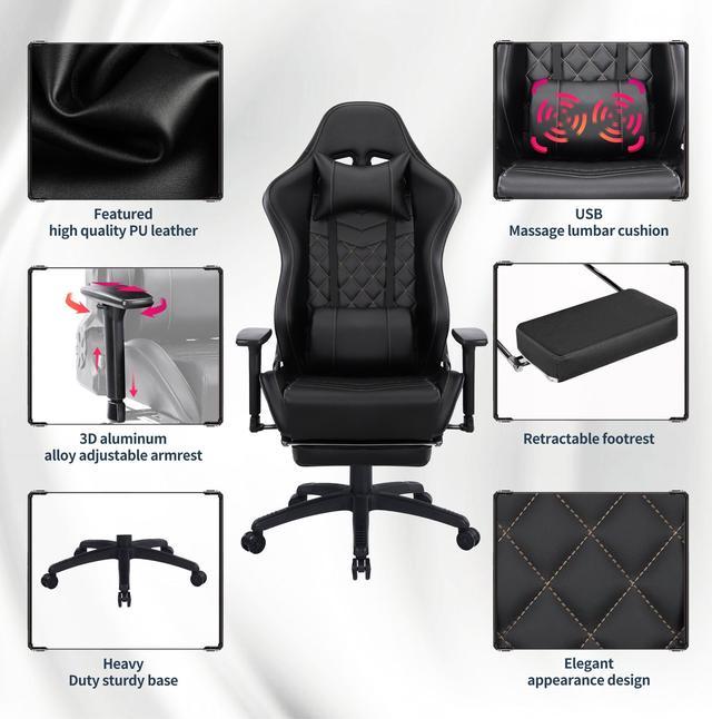 FANTASYLAB Massage 350lbs Gaming Chair Computer Chair With  Footrest,Thickened Seat Cushion,3D Adjustable Armrest,Racing Style PU  Leather High Back Adjustable Swivel Office Chair(BLACK) 