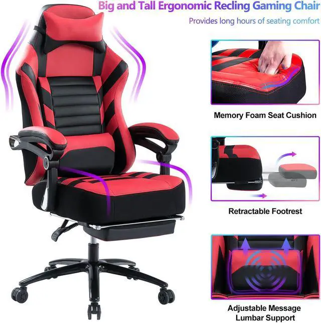 Alt view image 2 of 7 - KILLABEE Big and Tall 400lb Massage Memory Foam Gaming Chair - Adjustable Tilt, Back Angle and Flip-Up Arms,High-Back Leather Racing Executive Computer Desk Office Chair, Metal Base Red Black