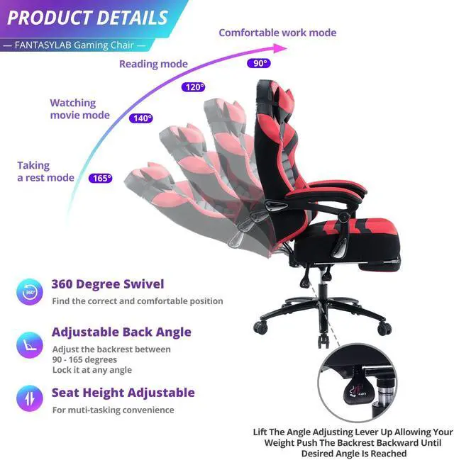 Alt view image 4 of 7 - KILLABEE Big and Tall 400lb Massage Memory Foam Gaming Chair - Adjustable Tilt, Back Angle and Flip-Up Arms,High-Back Leather Racing Executive Computer Desk Office Chair, Metal Base Red Black