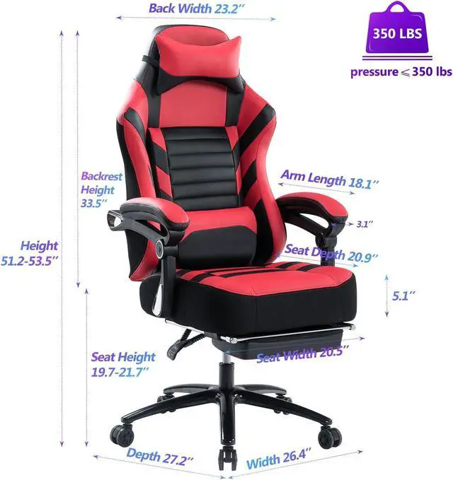 Alt view image 7 of 7 - KILLABEE Big and Tall 400lb Massage Memory Foam Gaming Chair - Adjustable Tilt, Back Angle and Flip-Up Arms,High-Back Leather Racing Executive Computer Desk Office Chair, Metal Base Red Black