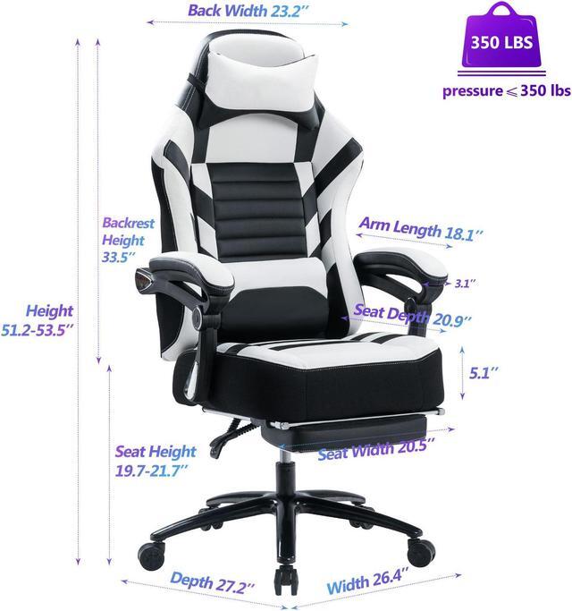 Alt view image 7 of 7 - KILLABEE Big and Tall 400lb Massage Memory Foam Gaming Chair - Adjustable Tilt, Back Angle and Flip-Up Arms,High-Back Leather Racing Executive Computer Desk Office Chair, Metal Base White Black