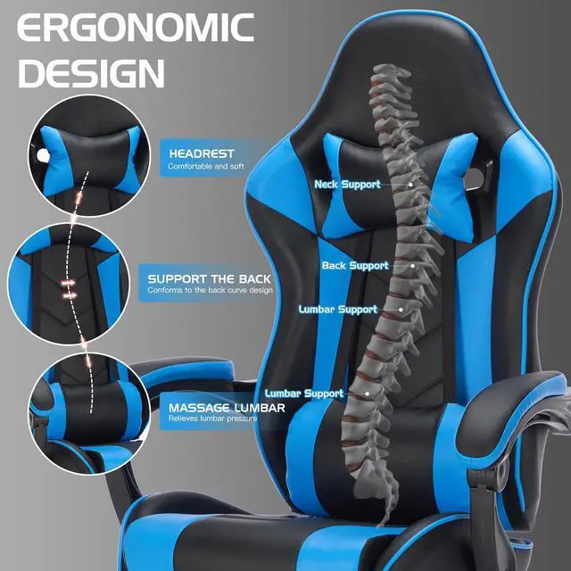 Alt view image 5 of 7 - Fantasylab Gaming Chair with Footrest, Ergonomic Computer Chair with Headrest and Lumbar Support, Video Game Chairs for Adults, Black Blue