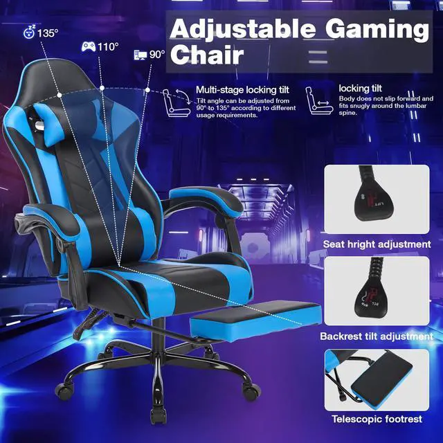 Alt view image 6 of 7 - Fantasylab Gaming Chair with Footrest, Ergonomic Computer Chair with Headrest and Lumbar Support, Video Game Chairs for Adults, Black Blue